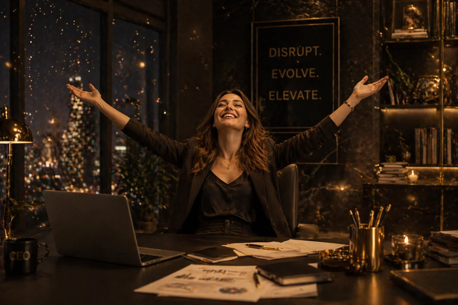 Mujer celebrando su expansion profesional, financiera y de liderazgo